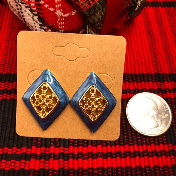 Vintage Teal Gold Pierced Earrings - Picture 2 of 2